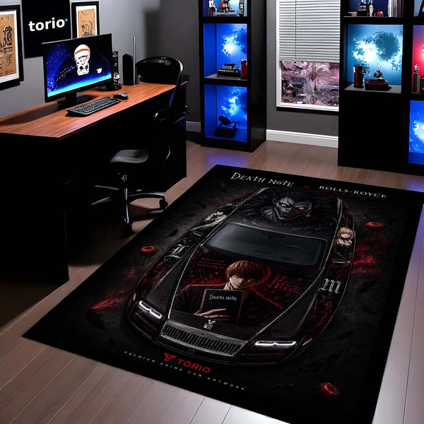 Death Note Rolls-Royce Ghost Anime Area Rug | Light Yagami & Ryuk Floor Mat | Dark Anime Gaming Rug for Bedroom, Gaming Room, Otaku Setup & Gothic Decor