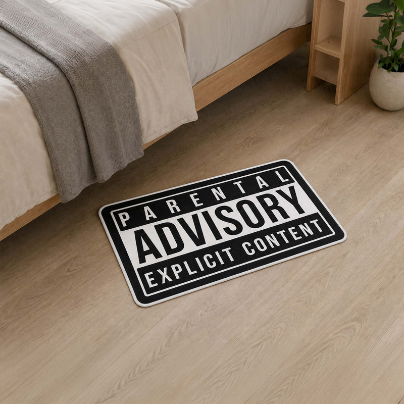 Parental Advisory Explicit Content Flat Rug | Iconic Music Label Inspired Black & White Floor Decor | Hip Hop Album Cover Style Rug