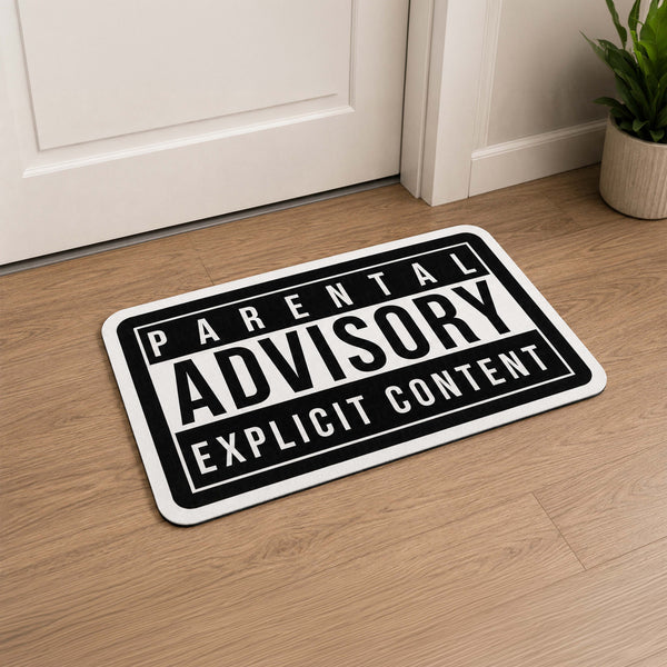 Parental Advisory Explicit Content Flat Rug | Iconic Music Label Inspired Black & White Floor Decor | Hip Hop Album Cover Style Rug