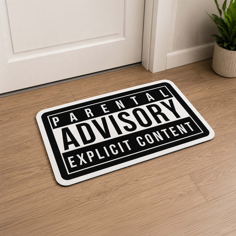 Parental Advisory Explicit Content Flat Rug | Iconic Music Label Inspired Black & White Floor Decor | Hip Hop Album Cover Style Rug