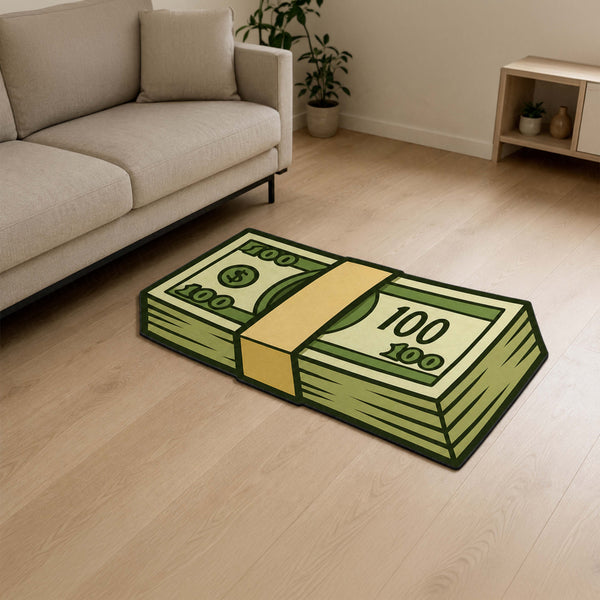Money Stack Cut-out Flat Rug | Cartoon Cash Bundle Flat Rug | Luxury Gaming & Office Floor Decor