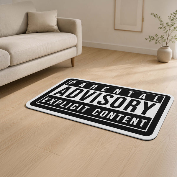 Parental Advisory Explicit Content Flat Rug | Iconic Music Label Inspired Black & White Floor Decor | Hip Hop Album Cover Style Rug