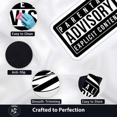 Parental Advisory Explicit Content Flat Rug | Iconic Music Label Inspired Black & White Floor Decor | Hip Hop Album Cover Style Rug