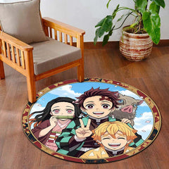 Demon Slayer Round Area Rug | Tanjiro, Nezuko, Zenitsu & Inosuke Anime Circle Floor Mat | Anti-Slip 3 mm Absorbent Rug for Bedroom, Gaming Room & Otaku Decor