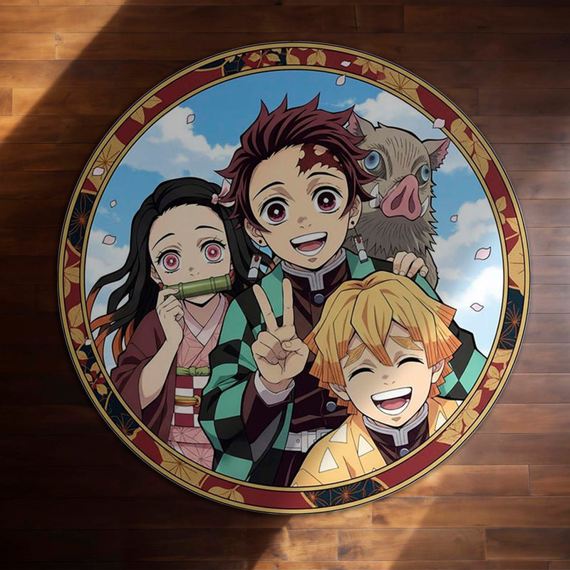 Demon Slayer Round Area Rug | Tanjiro, Nezuko, Zenitsu & Inosuke Anime Circle Floor Mat | Anti-Slip 3 mm Absorbent Rug for Bedroom, Gaming Room & Otaku Decor