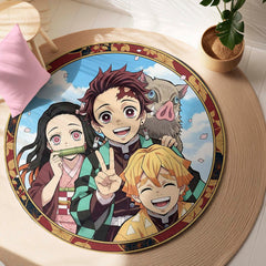Demon Slayer Round Area Rug | Tanjiro, Nezuko, Zenitsu & Inosuke Anime Circle Floor Mat | Anti-Slip 3 mm Absorbent Rug for Bedroom, Gaming Room & Otaku Decor