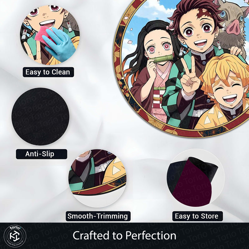 Demon Slayer Round Area Rug | Tanjiro, Nezuko, Zenitsu & Inosuke Anime Circle Floor Mat | Anti-Slip 3 mm Absorbent Rug for Bedroom, Gaming Room & Otaku Decor