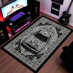 Dodge Challenger SRT Hellcat Persian Wrap Area Rug | Luxury Muscle Car Floor Mat | Monochrome Automotive Carpet for Bedroom, Gaming Room, Garage & Car Enthusiast Decor