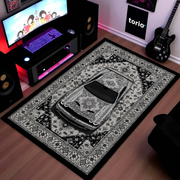 Dodge Challenger SRT Hellcat Persian Wrap Area Rug | Luxury Muscle Car Floor Mat | Monochrome Automotive Carpet for Bedroom, Gaming Room, Garage & Car Enthusiast Decor
