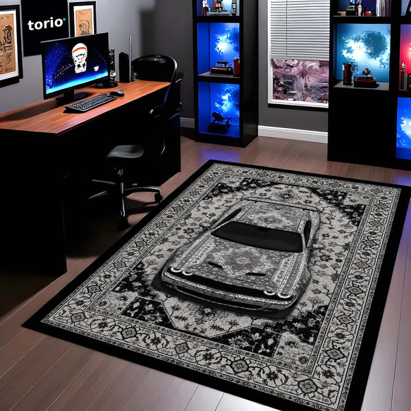 Dodge Challenger SRT Hellcat Persian Wrap Area Rug | Luxury Muscle Car Floor Mat | Monochrome Automotive Carpet for Bedroom, Gaming Room, Garage & Car Enthusiast Decor