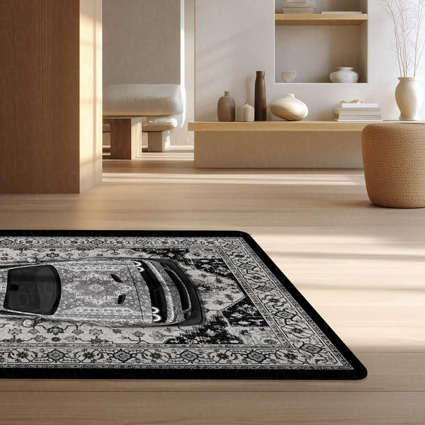 Dodge Challenger SRT Hellcat Persian Wrap Area Rug | Luxury Muscle Car Floor Mat | Monochrome Automotive Carpet for Bedroom, Gaming Room, Garage & Car Enthusiast Decor