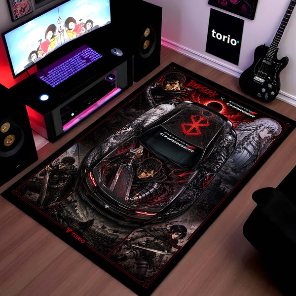 Berserk Dodge Charger Anime Area Rug | Guts & Griffith Dark Fantasy Floor Mat | Berserk Gaming Rug for Bedroom, Gaming Room, Anime Setup & Otaku Decor