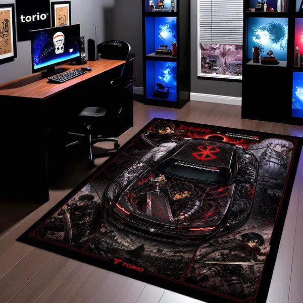 Berserk Dodge Charger Anime Area Rug | Guts & Griffith Dark Fantasy Floor Mat | Berserk Gaming Rug for Bedroom, Gaming Room, Anime Setup & Otaku Decor