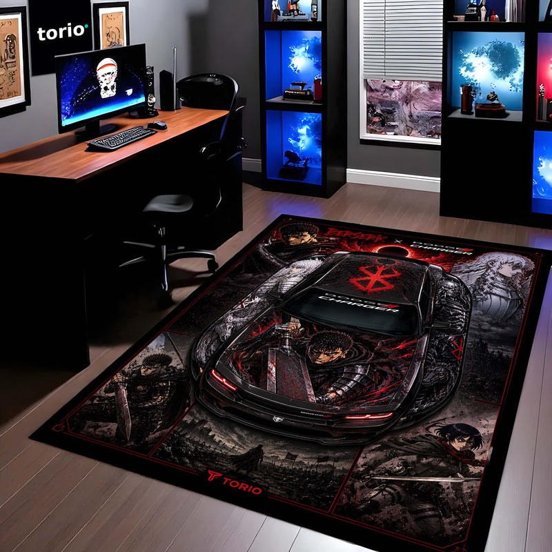 Berserk Dodge Charger Anime Area Rug | Guts & Griffith Dark Fantasy Floor Mat | Berserk Gaming Rug for Bedroom, Gaming Room, Anime Setup & Otaku Decor