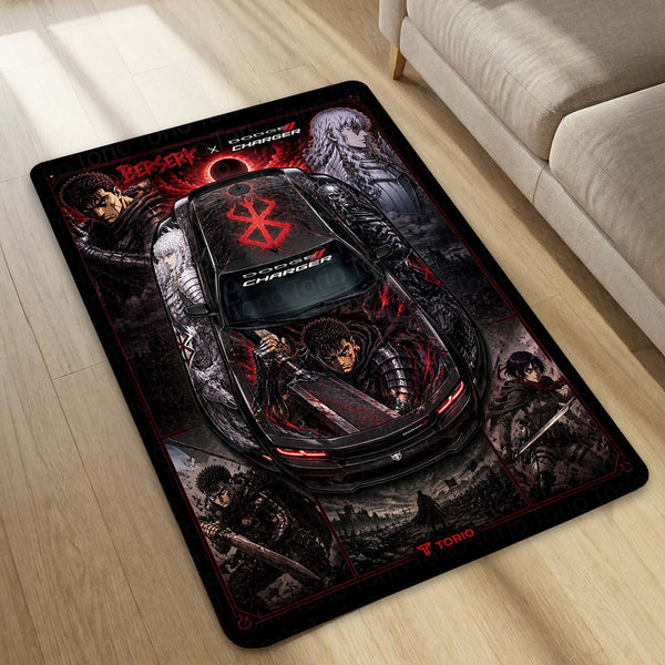 Berserk Dodge Charger Anime Area Rug | Guts & Griffith Dark Fantasy Floor Mat | Berserk Gaming Rug for Bedroom, Gaming Room, Anime Setup & Otaku Decor