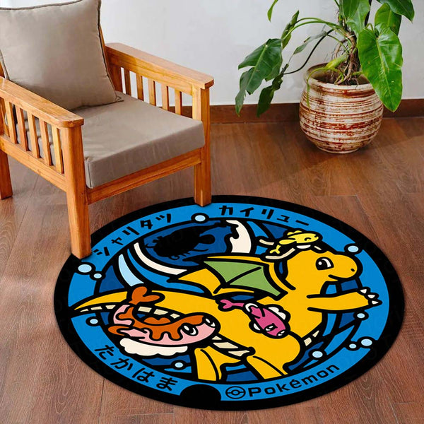 Dragonite & Tatsugiri Round Area Rug | Pokémon Anime Circle Floor Mat | Anti-Slip 3 mm Absorbent Rug for Bedroom, Gaming Room & Pokémon Decor