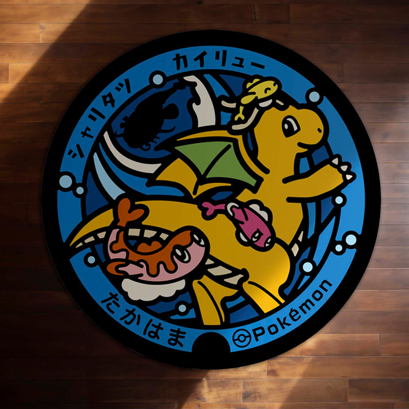Dragonite & Tatsugiri Round Area Rug | Pokémon Anime Circle Floor Mat | Anti-Slip 3 mm Absorbent Rug for Bedroom, Gaming Room & Pokémon Decor