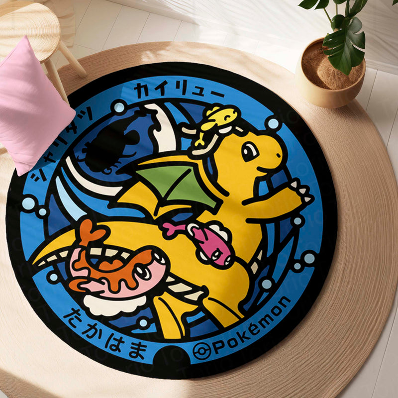 Dragonite & Tatsugiri Round Area Rug | Pokémon Anime Circle Floor Mat | Anti-Slip 3 mm Absorbent Rug for Bedroom, Gaming Room & Pokémon Decor