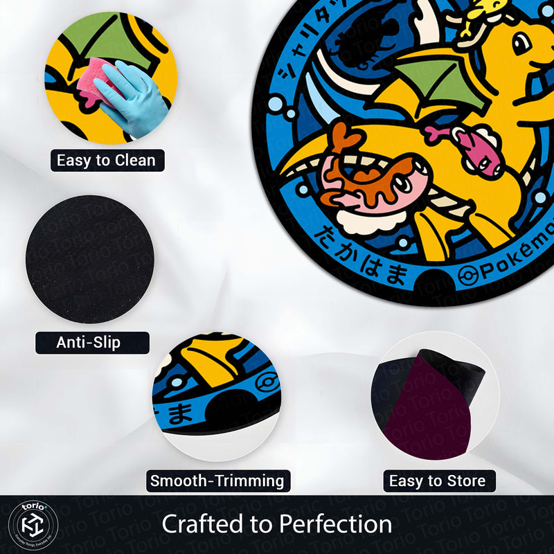 Dragonite & Tatsugiri Round Area Rug | Pokémon Anime Circle Floor Mat | Anti-Slip 3 mm Absorbent Rug for Bedroom, Gaming Room & Pokémon Decor