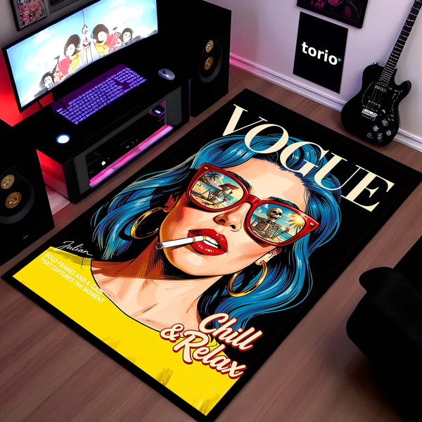 Vogue Pop Art Woman Area Flat Rug | Retro Fashion Editorial Artwork Flat Rug | Premium Modern Lifestyle Area Floor Decor