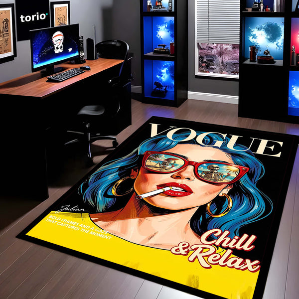 Vogue Pop Art Woman Area Flat Rug | Retro Fashion Editorial Artwork Flat Rug | Premium Modern Lifestyle Area Floor Decor