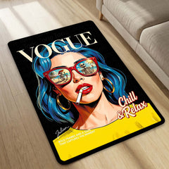 Vogue Pop Art Woman Area Flat Rug | Retro Fashion Editorial Artwork Flat Rug | Premium Modern Lifestyle Area Floor Decor