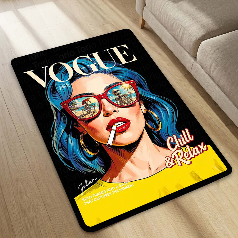 Vogue Pop Art Woman Area Flat Rug | Retro Fashion Editorial Artwork Flat Rug | Premium Modern Lifestyle Area Floor Decor