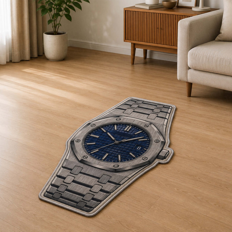 Audemars Piguet Royal Oak Blue Dial Watch Floor Mat (3 mm Thick) | Luxury Watch Shaped Cut-Out Rug for Bedroom, Gaming Room & Watch Collector Décor