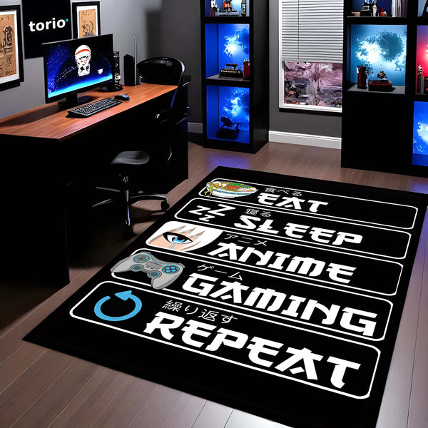 Eat Sleep Anime Gaming Repeat Floor Mat (3 mm Thick) | Ultimate Otaku Gamer Room Rug