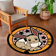 Cute Eevee Round Area Rug | Pokémon Inspired Circle Floor Mat | Anti-Slip 3 mm Absorbent Rug for Bedroom, Gaming Room & Anime Decor