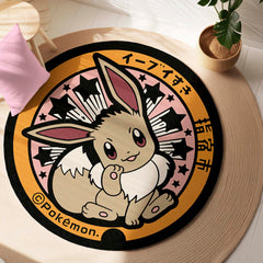 Cute Eevee Round Area Rug | Pokémon Inspired Circle Floor Mat | Anti-Slip 3 mm Absorbent Rug for Bedroom, Gaming Room & Anime Decor