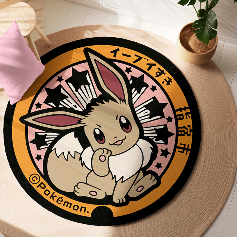 Cute Eevee Round Area Rug | Pokémon Inspired Circle Floor Mat | Anti-Slip 3 mm Absorbent Rug for Bedroom, Gaming Room & Anime Decor