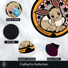 Cute Eevee Round Area Rug | Pokémon Inspired Circle Floor Mat | Anti-Slip 3 mm Absorbent Rug for Bedroom, Gaming Room & Anime Decor