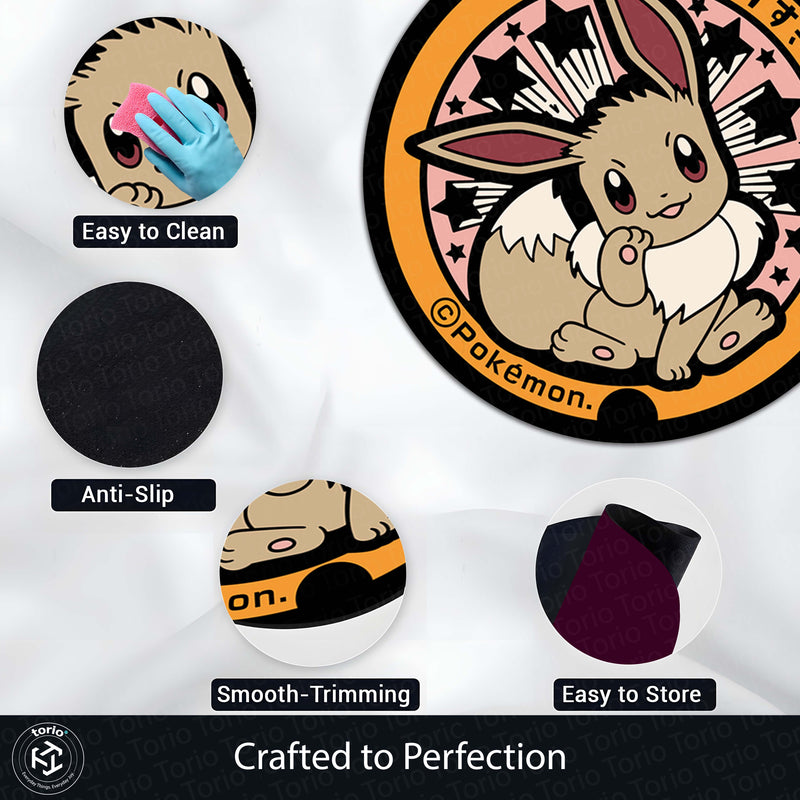 Cute Eevee Round Area Rug | Pokémon Inspired Circle Floor Mat | Anti-Slip 3 mm Absorbent Rug for Bedroom, Gaming Room & Anime Decor