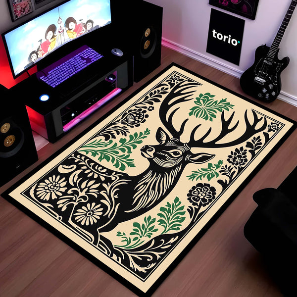 Ethereal Stag Art Area Rug | Mystical Forest Deer Floor Mat | Artistic Wildlife Decorative Rug for Living Room, Bedroom & Study Decor
