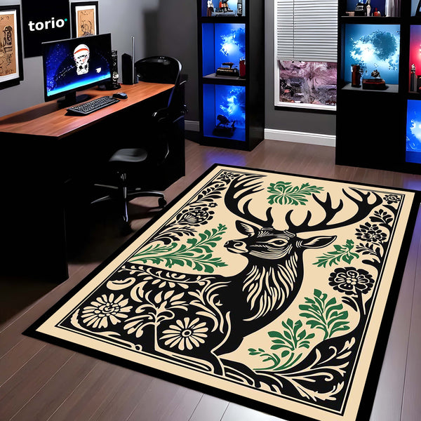 Ethereal Stag Art Area Rug | Mystical Forest Deer Floor Mat | Artistic Wildlife Decorative Rug for Living Room, Bedroom & Study Decor