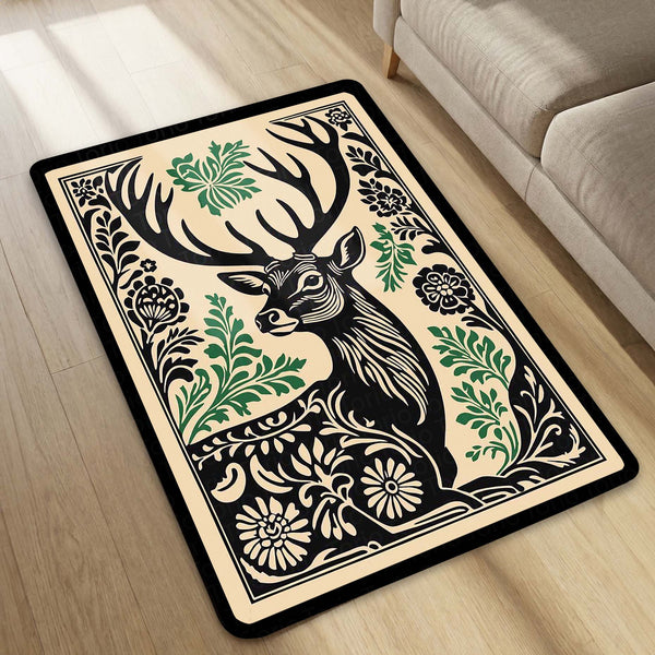 Ethereal Stag Art Area Rug | Mystical Forest Deer Floor Mat | Artistic Wildlife Decorative Rug for Living Room, Bedroom & Study Decor