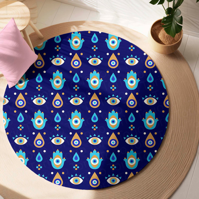 Evil Eye Protection Circular Floor Mat (3 mm Thick) | Nazar Safety Round Rug for Living Room, Entryway, Bedroom & Spiritual Home Decor