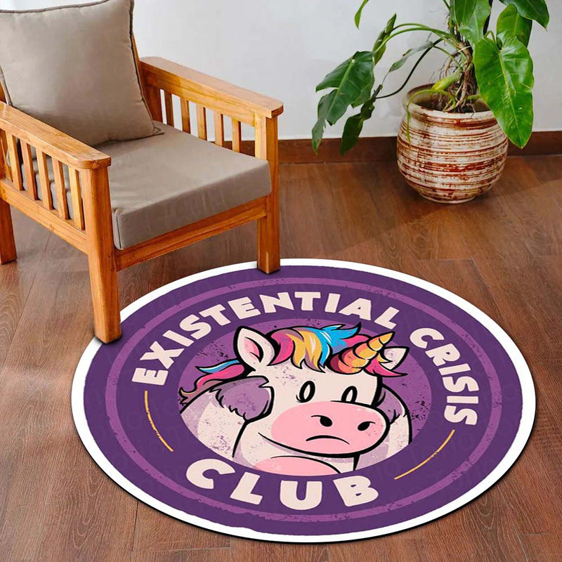 Existential Crisis Club Round Area Rug | Funny Unicorn Circle Floor Mat | Anti-Slip 3 mm Absorbent Rug for Bedroom, Gaming Room & Home Decor
