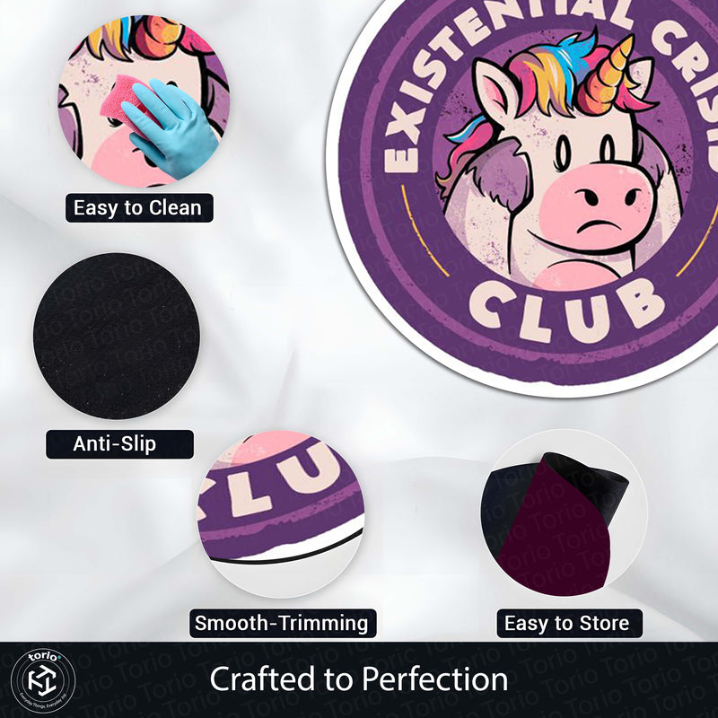 Existential Crisis Club Round Area Rug | Funny Unicorn Circle Floor Mat | Anti-Slip 3 mm Absorbent Rug for Bedroom, Gaming Room & Home Decor