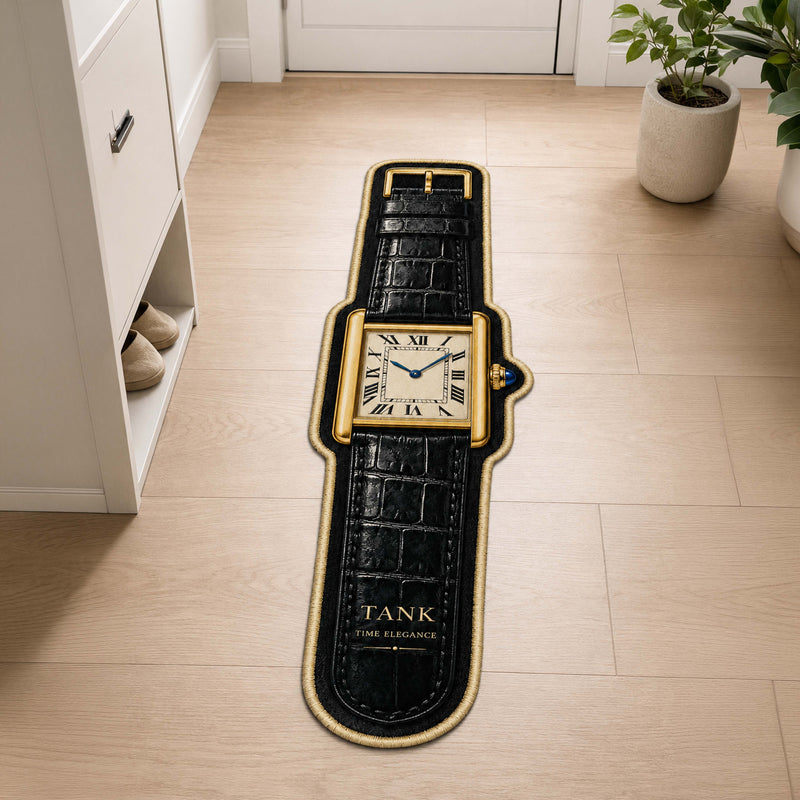 Cartier Tank Watch Floor Mat (3 mm Thick) | Luxury Rectangular Watch Shaped Cut-Out Rug for Bedroom, Gaming Room & Watch Collector Décor