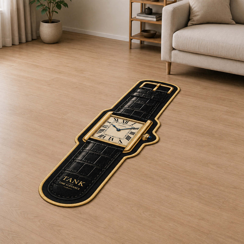 Cartier Tank Watch Floor Mat (3 mm Thick) | Luxury Rectangular Watch Shaped Cut-Out Rug for Bedroom, Gaming Room & Watch Collector Décor
