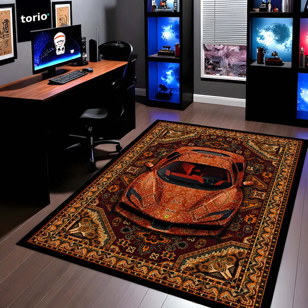 Ferrari Persian Heritage Area Rug | Exotic Supercar Floor Mat | Vintage Persian Carpet Style Rug for Bedroom, Gaming Room, Garage & Luxury Car Decor
