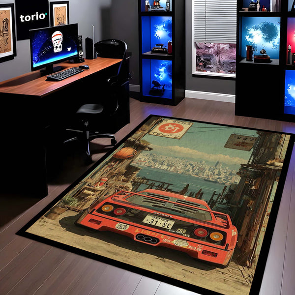 Sports Car Area Rug | Supercar Design Floor Mat | Anti Slip Washable Door Mat for Bedroom, Living Room, Gaming Room Decor | 3 mm Thin Rug