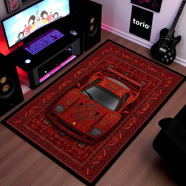 Ferrari Red Persian Area Rug | Exotic Supercar Floor Mat | Luxury Vintage Carpet Style Rug for Bedroom, Gaming Room, Garage & Car Enthusiast Decor