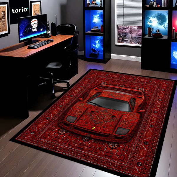 Ferrari Red Persian Area Rug | Exotic Supercar Floor Mat | Luxury Vintage Carpet Style Rug for Bedroom, Gaming Room, Garage & Car Enthusiast Decor
