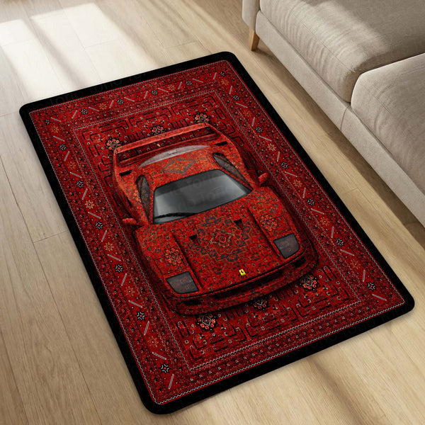 Ferrari Red Persian Area Rug | Exotic Supercar Floor Mat | Luxury Vintage Carpet Style Rug for Bedroom, Gaming Room, Garage & Car Enthusiast Decor
