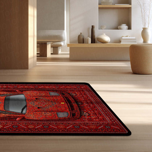 Ferrari Red Persian Area Rug | Exotic Supercar Floor Mat | Luxury Vintage Carpet Style Rug for Bedroom, Gaming Room, Garage & Car Enthusiast Decor