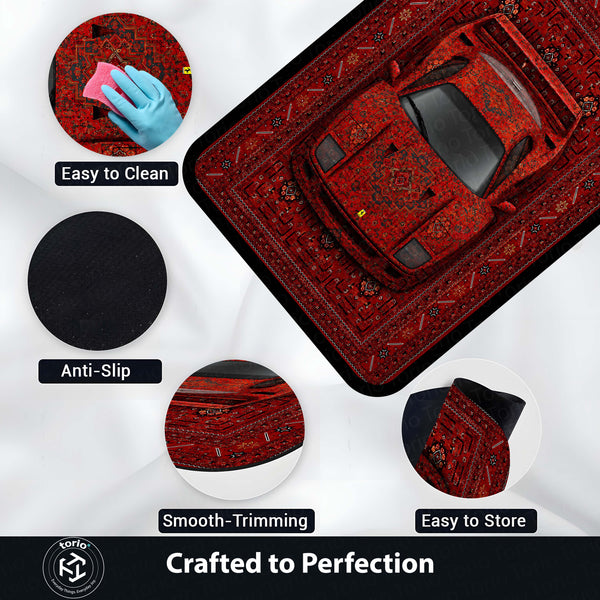 Ferrari Red Persian Area Rug | Exotic Supercar Floor Mat | Luxury Vintage Carpet Style Rug for Bedroom, Gaming Room, Garage & Car Enthusiast Decor
