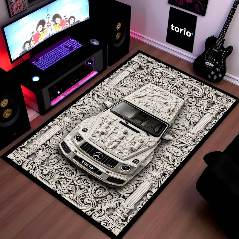 Luxury Marble Sculpture G Wagon Area Rug | Classical Art SUV Floor Mat | Baroque Relief Car Rug for Bedroom, Gaming Room & Luxury Home Decor